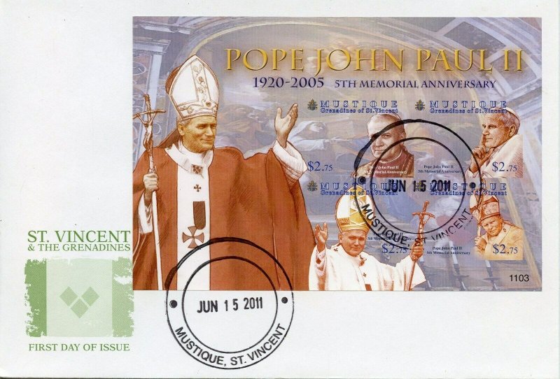 MUSTIQUE  2011 5th MEMORIAL ANN. OF POPE JOHN PAUL II IMPERF SHEET ON FDC