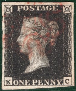 GB PENNY BLACK 1840 QV Stamp SG.2 1d Plate 5 (KC) Used Red MX Cat £400 BRRED74