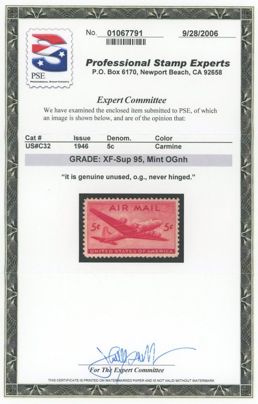 USA C32 - 5 cent Skymaster Airmail - PSE Graded Cert: XF/Superb 95 Mint OGnh