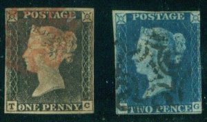 GREAT BRITAIN #1,2, 1p & 2p, used, nice 3+ mgn examples, Scott $1,325.00