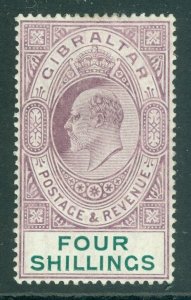 SG 63 Gibraltar 1904-08. 4/- deep purple & green. A fine fresh mounted mint...