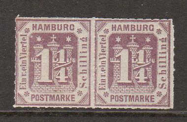 Hamburg Mi 20b MLH. 1866 1¼s imperf horiz. pair, F-VF