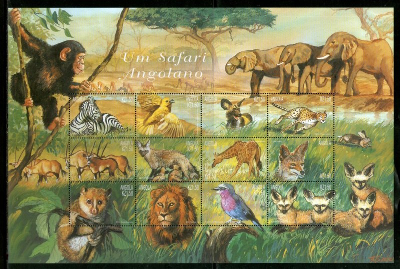 Angola 2000 Wildlife Animals Monkey Lion Birds Elephant Zebra Sc 1126 M/s MNH