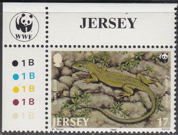 Jersey 1989 MNH Sc #509 17p Green Lizard WWF Corner margin copy