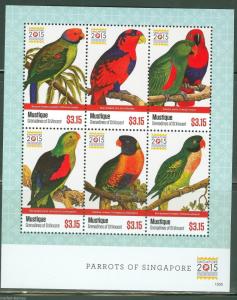 MUSTIQUE 2015 PARROTS OF SINGAPORE SHEET CONJUNCTION WITH SINGAPORE 2015 MINT NH