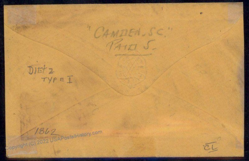 CSA 1862 Camden SC Civil War Confederate Paid 5 Stampless Cover 92696