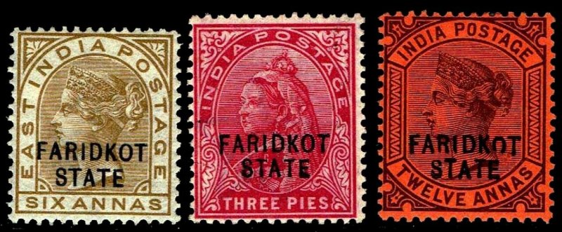 1887-1900 India Faridkot  #12-14 Wmk 38 & 39 - OGLH - VF - CV$72.75  (ESP#4404)