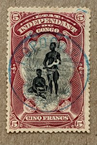Belgian Congo 1894 5fr Bangala Chief + wife. Great cancel! Scott 26, CV $40.00
