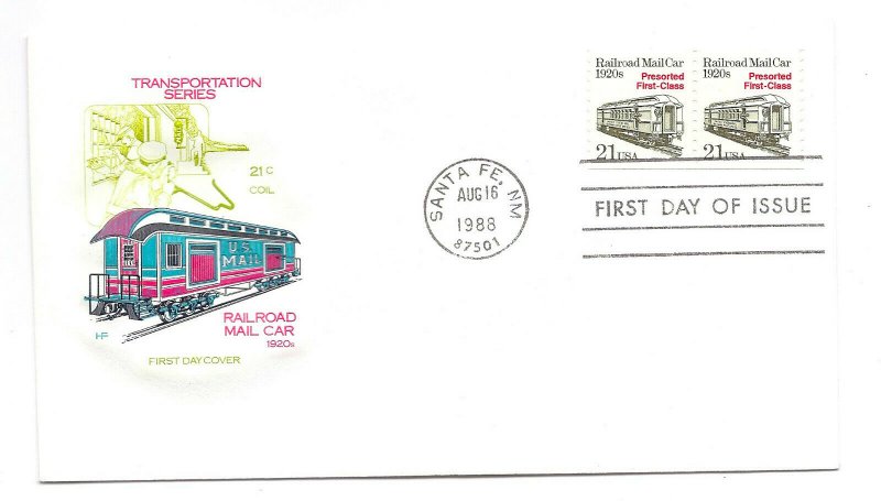 2265 21c Railroad Mail Car 1920s, coil pair Farnam, HF, FDC