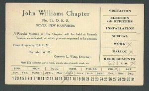 1922 Dover NH John Williams Chapter #53 O E S For Meeting At Masonic Temple