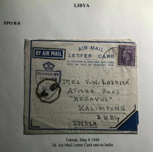 1944 Tobruk Libya Base FPO R8 Censored Air Letter Cover To Kalimpong