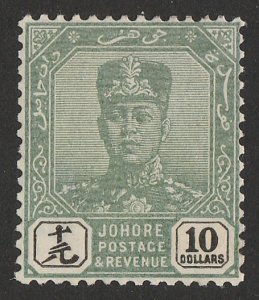 MALAYA - JOHORE : 1922 Sultan $10 green & black, wmk script, thin striated paper