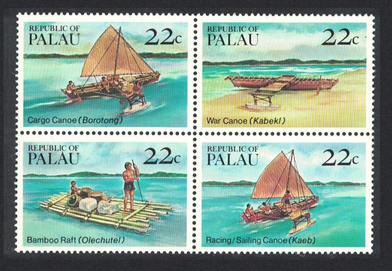 Palau Traditional Canoes and Rafts 4v Block of 4 SG#73-76