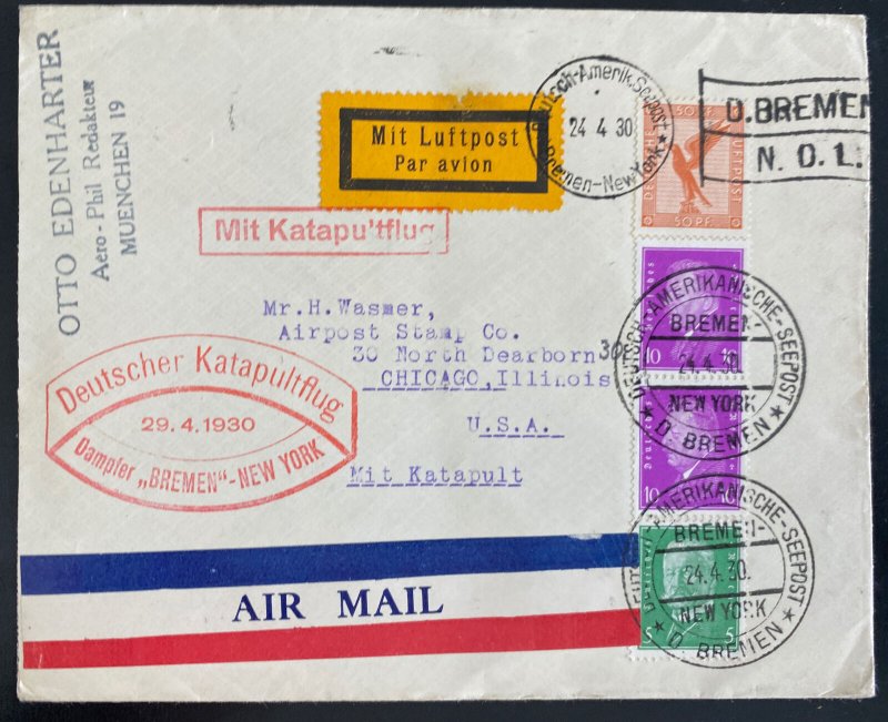 1930 Berlin Germany Catapult Ship Airmail Cover SS Bremen To Chicago IL Usa 