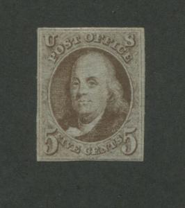 1847 United States Postage Stamp #1 Mint Hinged Regummed F/VF