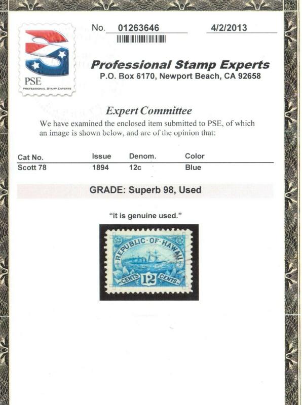 Hawaii #78 Used Superb **With Graded 98 Certificate**