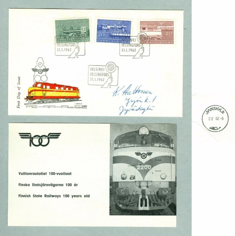 Finland. FDC 1962. Cachet. Finnish State Railways 100 Year. Adr: Finland.