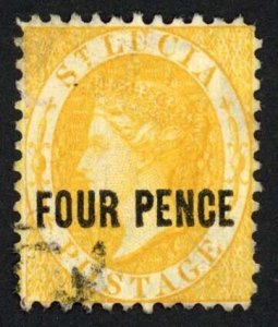 St Lucia SG30 4d yellow Wmk CA perf 12 Cat 30 pounds