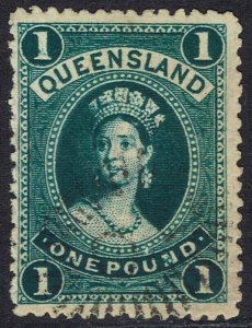 QUEENSLAND 1882 QV LARGE CHALON £1 WMK LARGE CROWN/Q UPRIGHT USED