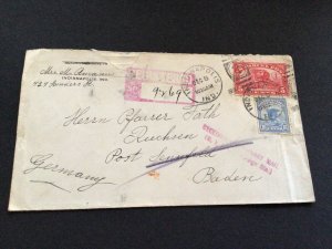 United States Indianapolis to Baden 1918 Registry parcel stamps cover Ref 62237