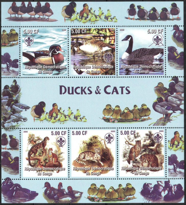 Congo 2005 Scouting Birds Ducks Cats Sheet of 6 MNH Cinderella !