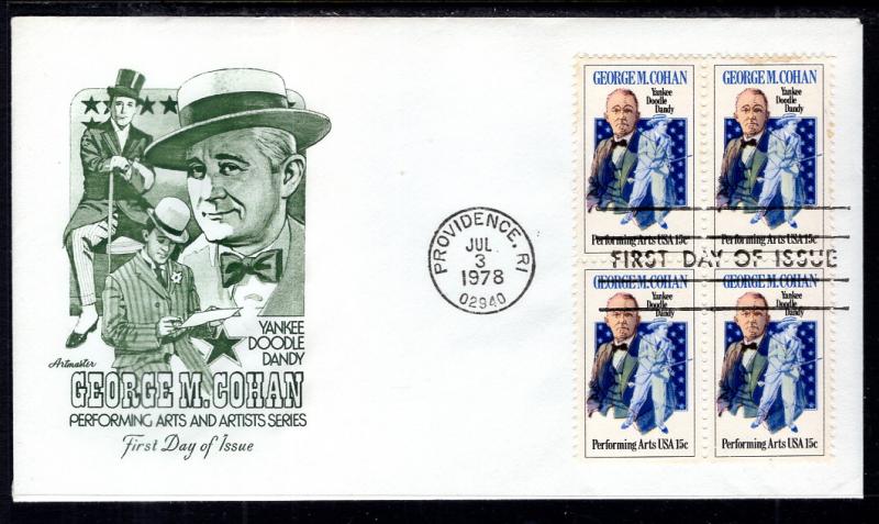 US 1756 George Cohan Block of Four Artmaster U/A FDC