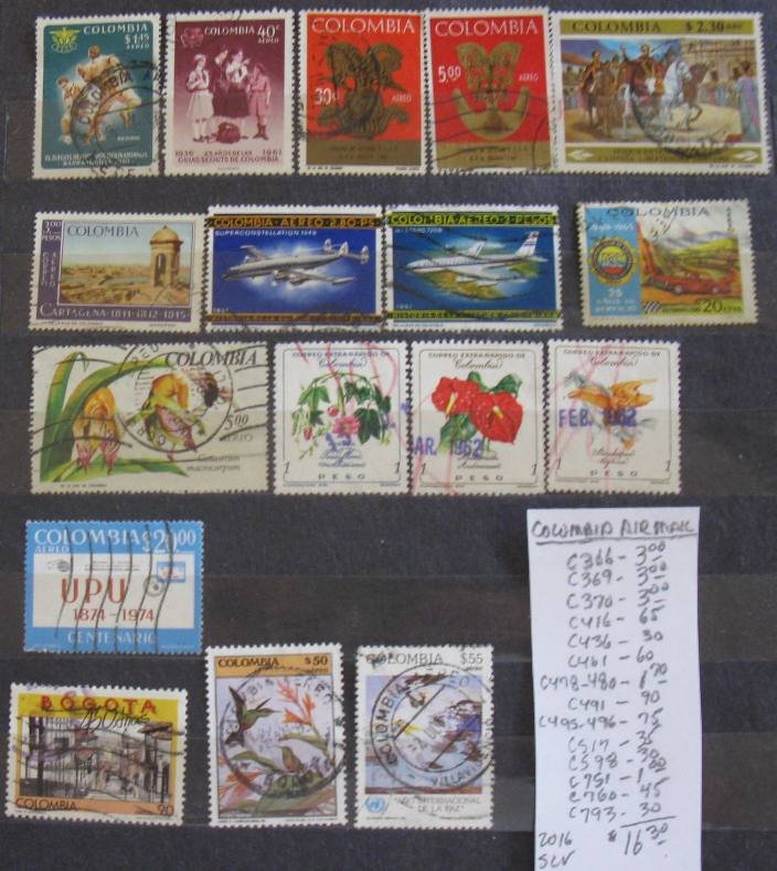 Colombia Air Mail Selection #C366//C793- SCV=$16.30