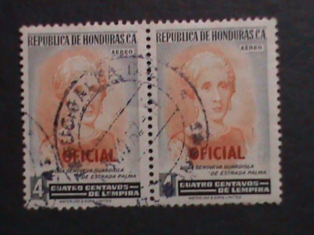 HONDURAS-1952 OFFICIAL STAMPS- CTO PAIRS-NH VF WITH FANCY CANCEL