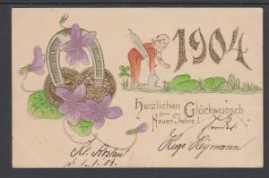 Germany Sc 67 on 1904 Bahnpost Embossed New Year's Greeting Card VF