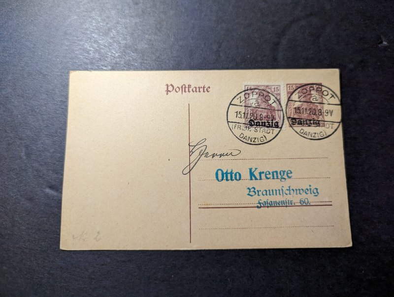 1920 Germany Danzig Overprint Postcard Cover Zoppot to Braunschweig