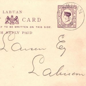 LABUAN QV Postal Stationery Intact 1c+1c Purple REPLY CARD Used 1900 CDS KA42