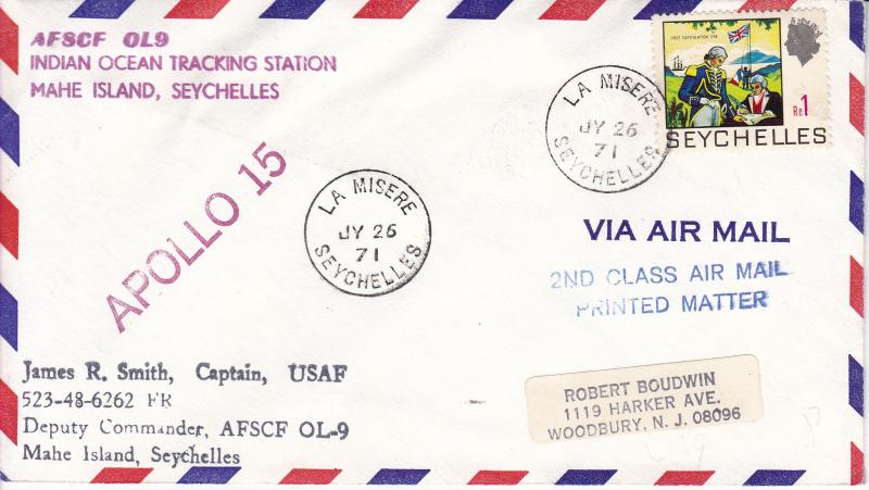 Indian Ocean Seychelles 1971 APOLLO-!5 Cover Tracking Station Corner Card Cancel