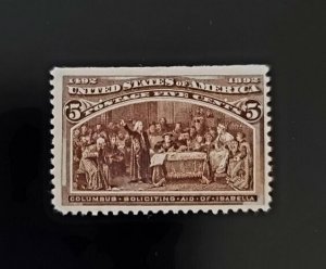 1893 5c Columbus Soliciting Aid of Isabella Chocolate Scott 234 Mint F/VF No Gum
