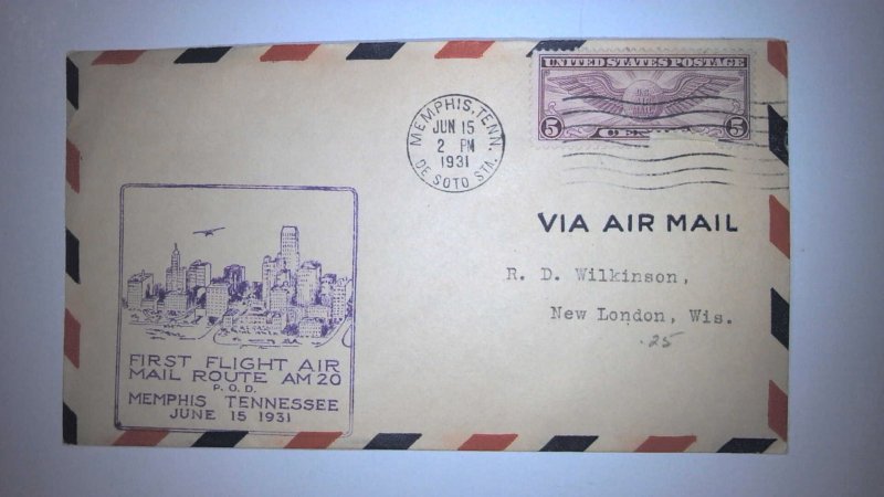 US FIRST FLIGHT COVER: 1931 MEMPHIS TN AM 20 POD