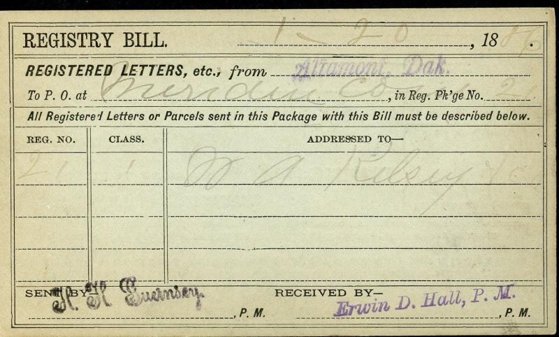 US REGISTRY BILL ALTAMONT, DAKOTA TERRITORY 1/20/86 TO MERIDIEN, CT 1/27 RARE