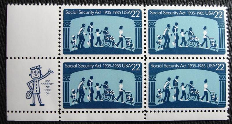 US #2153 MNH Zip Block of 4, Social Securtiy, SCV $1.90 L10