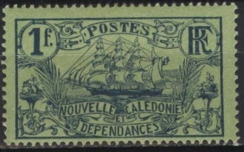 New Caledonia 113 (mhr, gum toning) 1fr ship, blue on yel grn (1905)