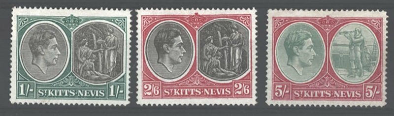 St Kitts 1938 1s - 5s perf 14 chalky papers sg75c, 76a, 77a good mint cat £171 