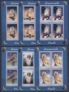 Romania (2003) #4579-84 sheetlets of 4, MNH; Owls