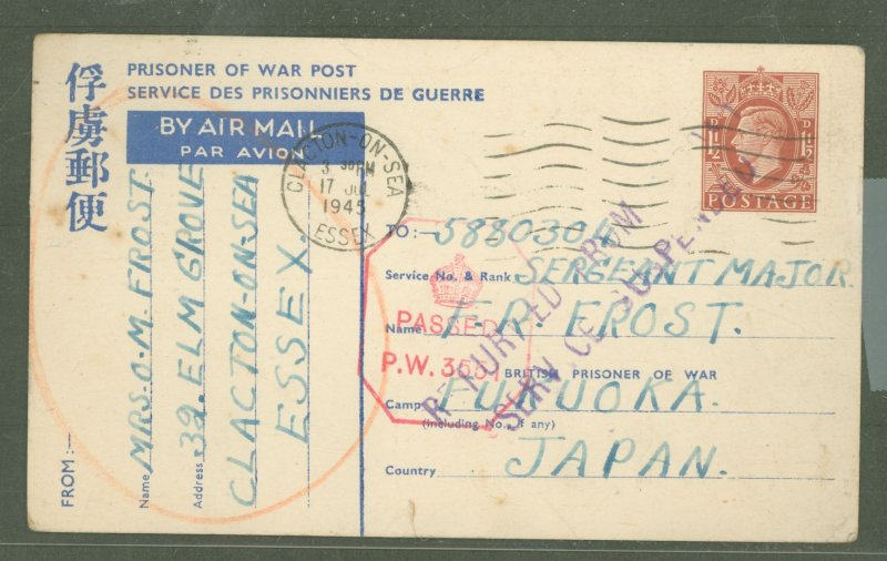 Great Britain  1943 Postal card - P.O.W. to Japan 1945, long message, very scarce