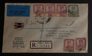 1933 Singapore Johore Bahru First Flight Cover London England Imperial Airways