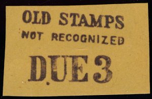 US #CONFED STAMP, OLD STAMPS NOT RECOGNIZED  DUE 3  on envelope piece, nice...