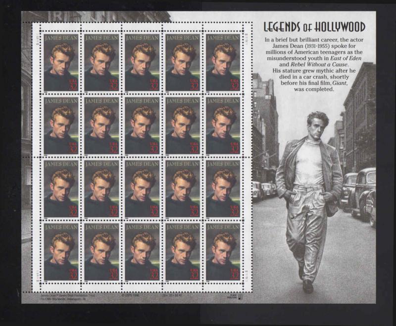 Sc #3082 Legends of Hollywood JAMES DEAN Sheet of 32¢ Stamps 1996 MNH 