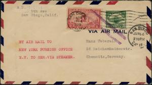 #C4 & 2¢ RED ON AIR COVER SAN DIEGO TO GERMANY 1929 BP9671