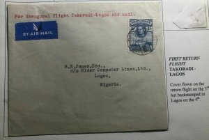 1939 Takoradi Gold Coast First Flight Airmail Cover FFC To Lagos Nigeria