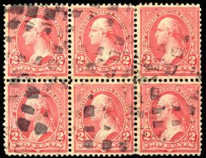 US #267a 2c Pink Block of 6, RARE! F/VF used, minor flaw, RARE BLOCK OF 6! 