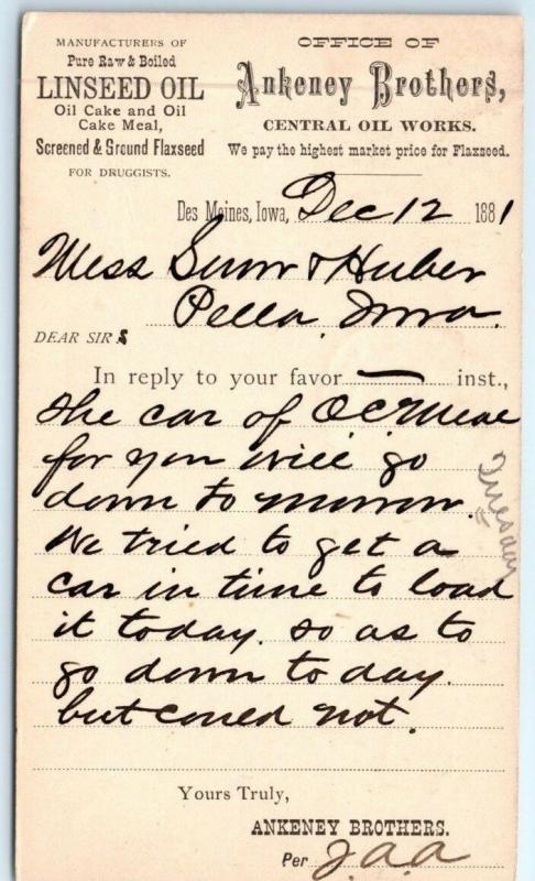 GOLDPATH: US postal card, 1881, Des Moines & Keokuk ACT.,  CV30_21