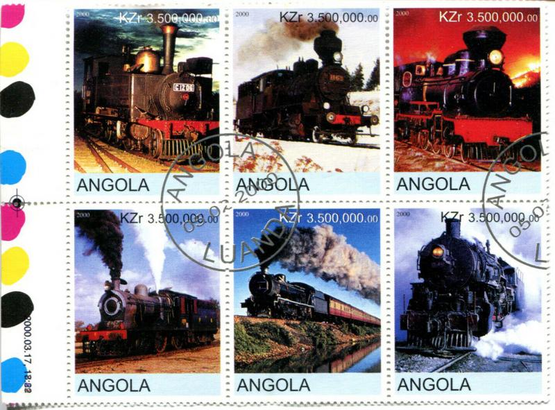 ANGOLA Trains 2 Blocks of 6 Cinderella Stamps Transportation Steam Locomotives