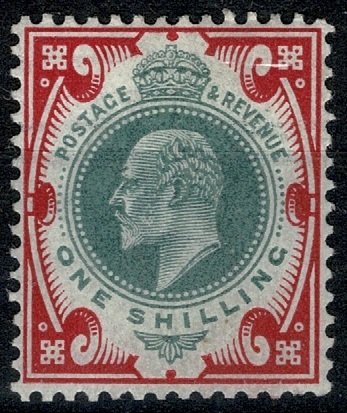 G.B. KE VII 1902-10 1/- DULL GREEN & CARMINE UNUSED (MH) SG257 P.14 XF