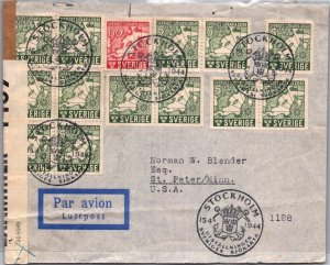 SCHALLSTAMPS SWEDEN 1944 POSTAL HISTORY WWII FDC CENSORED AIRMAIL COVER ADDR USA